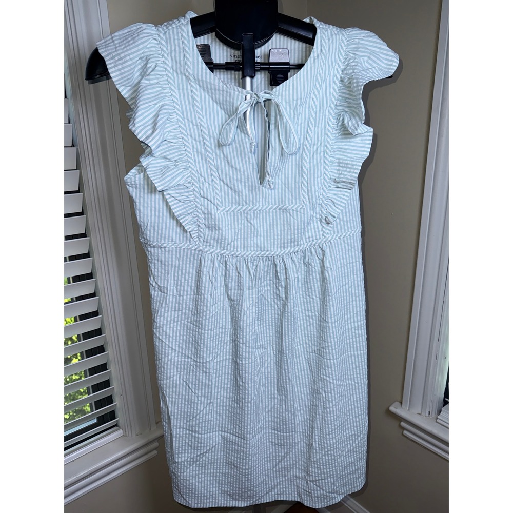 Vineyard Vines Harbor Dress Aqua White Striped Ruffle Performance Seersucker XS